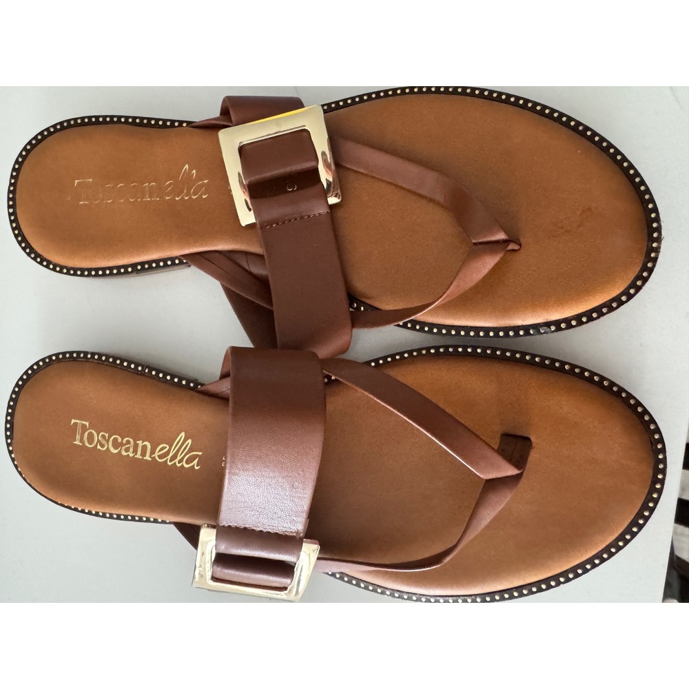 Toscanella Italian Brown Leather Buckle Thong Sandals Gold Studded Flats 9.5